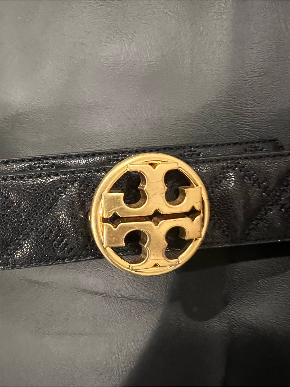 Tory Burch Black Leather belt with Gold Logo Accent